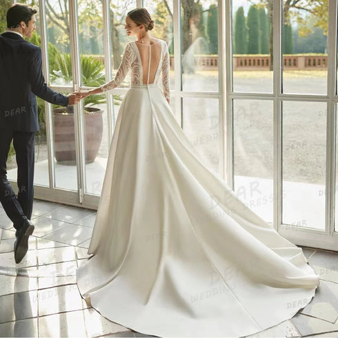 Elegant Wedding Dresses Women's Sexy V Neck Long Sleeve Backless Gowns with Sweep Train